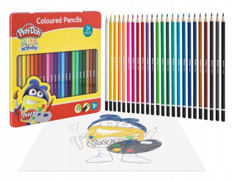 KREDKI OŁÓWKOWE SZKOLNE 24 szt metalowa puszka PLAY DOH