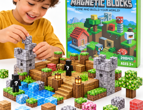 Klocki Magnetyczne 200 el. Zestaw Konstrukcyjny dla Dzieci 4 FIGURKI 3D PIKSELE